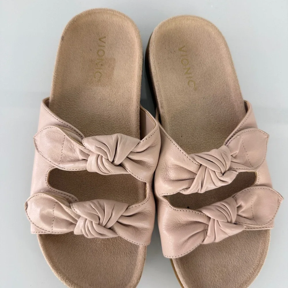 Vionic Elara Slide Sandals Womens 8.5 Pink Leather Knotted Adjustable Straps